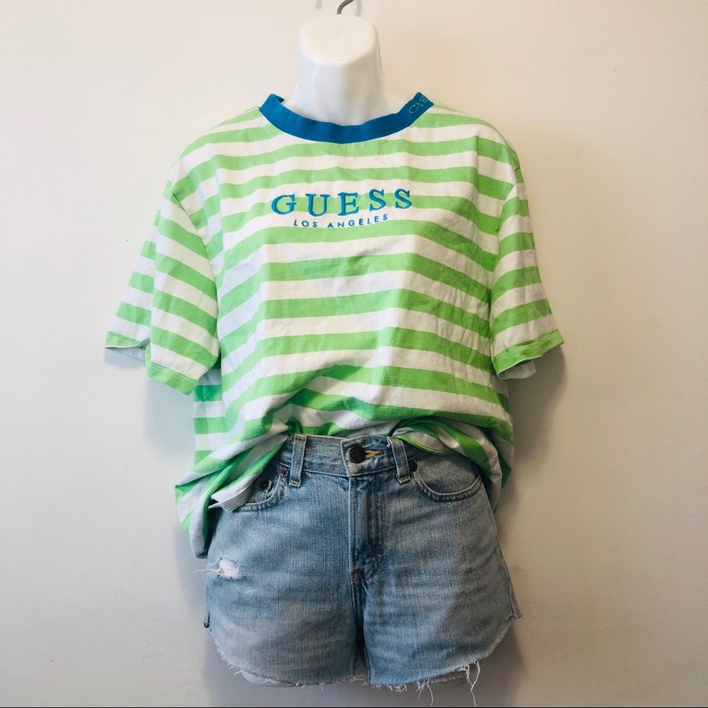 Vintage 90s Style Guess Green Striped T-shirt - Picture 2 of 8